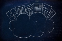 cloud computing, funny documents on top of a cloud